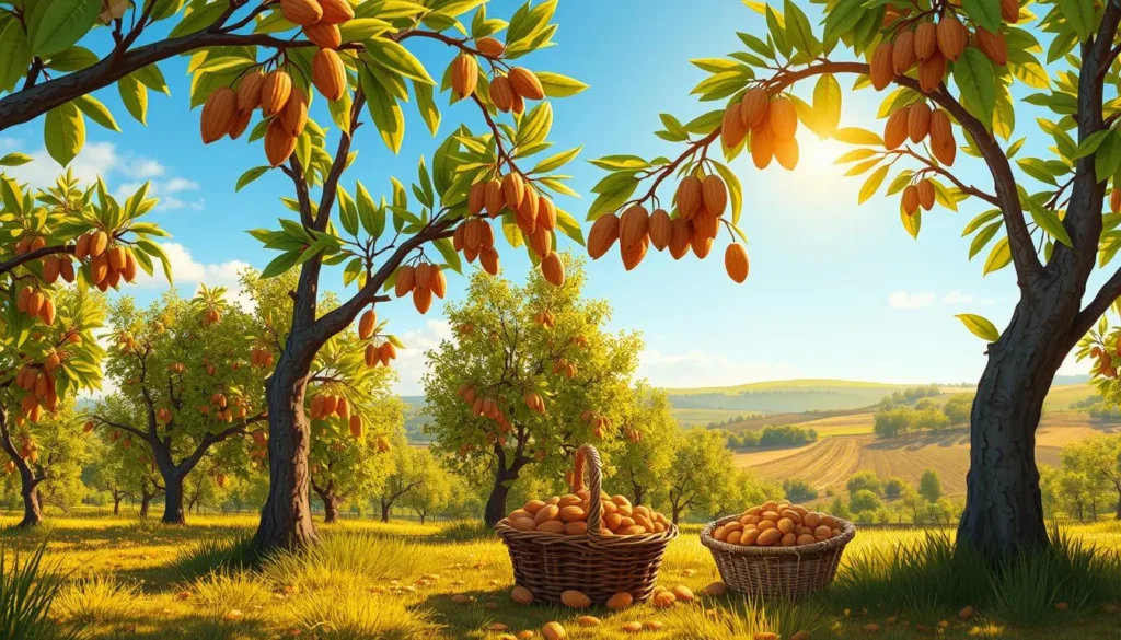 harvesting almond trees