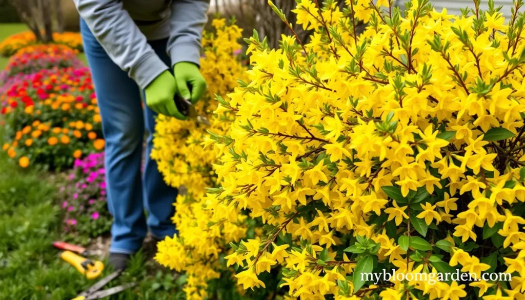 Pruning forsythia hedge