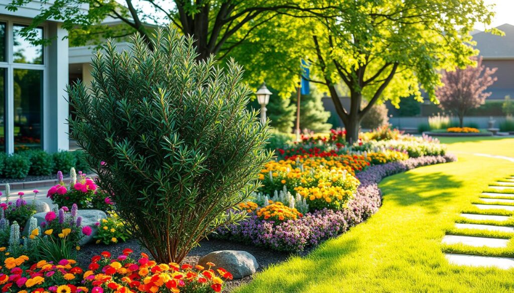 sky pencil japanese holly shrub in landscape